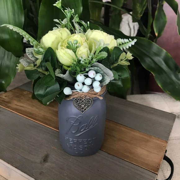 Handmade Light Green Floral Arrangement in Charcoal Gray Ball Mason Jar - Picture 1 of 7